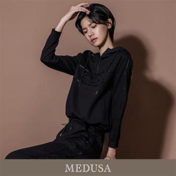 現貨【MEDUSA 曼度莎】黑色金屬感滾邊連帽運動上衣（M-XL）｜女帽T 女休閒上衣