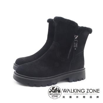 WALKING ZONE(女)質感麂皮毛絨中筒厚底短靴 女靴-黑