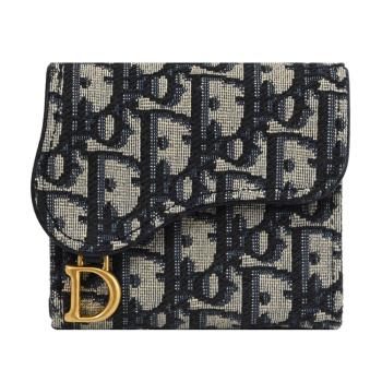 Christian Dior Saddle Lotus 滿版緹花帆布三折釦式零錢短夾.深藍