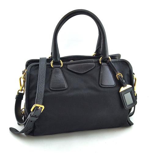 九成新--PRADA 金色三角牌-黑色帆布手提肩背兩用三層式托特包(