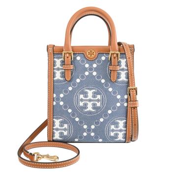 TORY BURCH 159639 T Monogram 緹花款兩用托特包.藍/咖邊