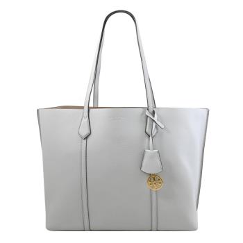 TORY BURCH 81932 Perry 簡約燙金LOGO荔枝皮革三層肩背包.淺灰