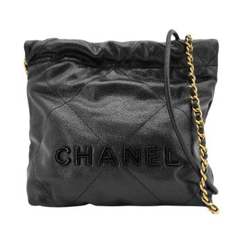 Chanel 22 Mini So black 菱格粒紋牛皮黑logo斜背包(AS3980-黑)