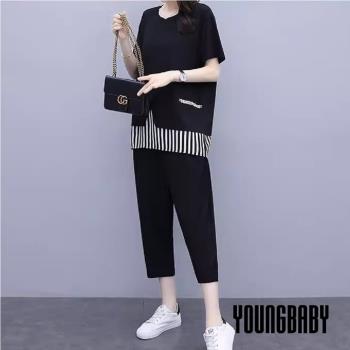【YOUNGBABY中大碼】下襬拼接直紋上衣+七分褲套裝 中大尺碼女裝