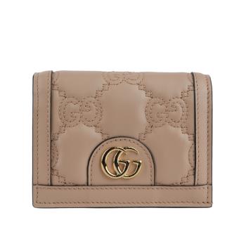 GUCCI GG Logo 縫線設計二折卡片小短夾(灰粉色)