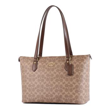 COACH 緹花LOGO防刮後拉鍊置物托特包-棕褐