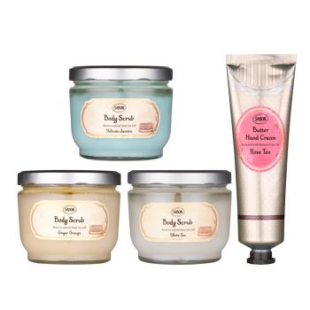 【母親節限定特惠組合】買SABON 身體磨砂膏 600g任選一款 (多款香味任選.贈木勺) 贈 玫瑰茶極潤護手霜75ml-國際航空版 即期品