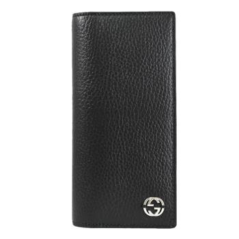 GUCCI 610467 簡約金屬G LOGO荔枝紋對開多卡零錢長夾.黑
