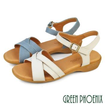 GREEN PHOENIX 女 涼鞋 楔型涼鞋 小坡跟 交叉 全真皮 吸震 台灣製U33-22457