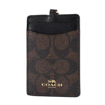 COACH 緹花LOGO防刮識別證掛帶票卡夾-咖啡色