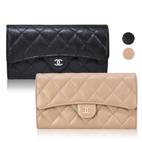 CHANEL經典雙C LOGO荔枝紋小牛皮暗釦長夾(多色選)