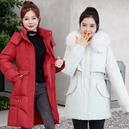 【韓國K.W.】一日爆殺價極地保暖羽絨棉連帽中長版外套(保暖/升溫/防小潑水/中大尺碼/韓國空運)