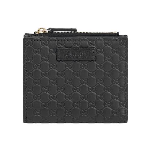 二手商品9.5成新_GUCCI Guccissima 壓印牛皮暗釦拉鍊二折短夾(黑色)