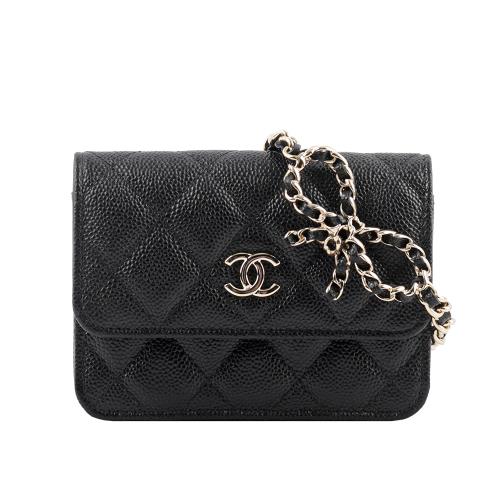 展示商品_CHANEL 經典CC Logo 粒紋牛皮蝴蝶結鏈帶迷你腰包(黑色)