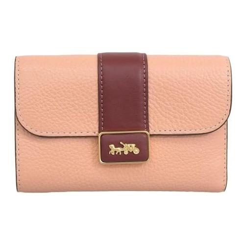 【COACH】馬車LOGO荔枝紋皮革中夾-粉桔