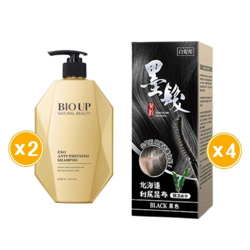 【全效呵護】日本墨髮契約北海道利尻昆布補染液X4盒+BIO UP 自然美 蘊活泌境強健洗髮精500ml *2瓶