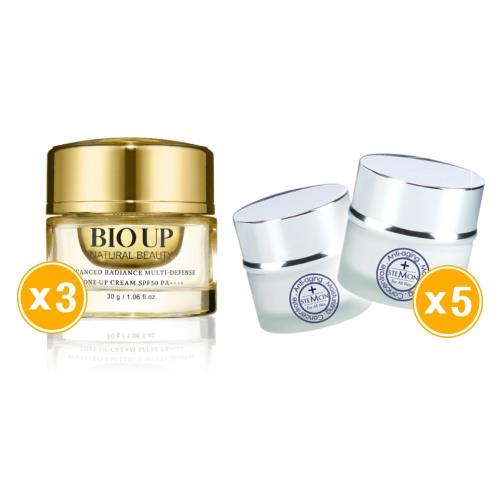 【全效呵護】BIO UP 自然美 全效防護光采素顏霜SPF50 PA++++ 30g *3入+STEMCIN八胜肽全效緊容霜5入組
