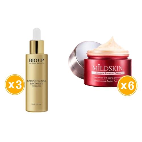 【全效呵護】BIO UP 自然美黃金微藻璀璨活膚油30ml*3入+MILDSKIN肌因胜肽活膚精質霜5+1件組