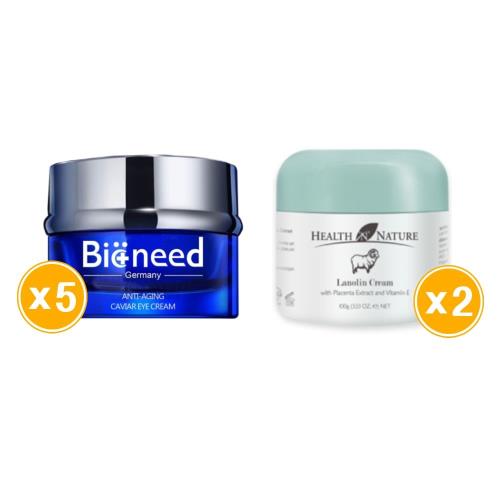 【全效呵護】德國Bioneed 極致抗皺魚子眼霜30ml 共5入+澳洲HEALTH NATURE 美肌綿羊霜含胎盤素維他命E(2入組 100g/罐)