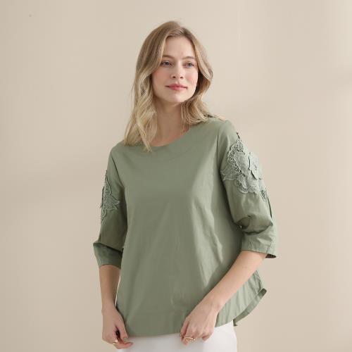 HsinGo 蕾絲輕奢府綢純棉精品上衣