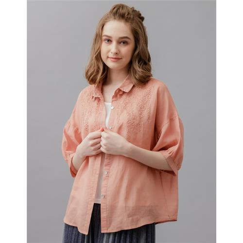 QWI100%絲綢亞麻精品襯衫-粉橘