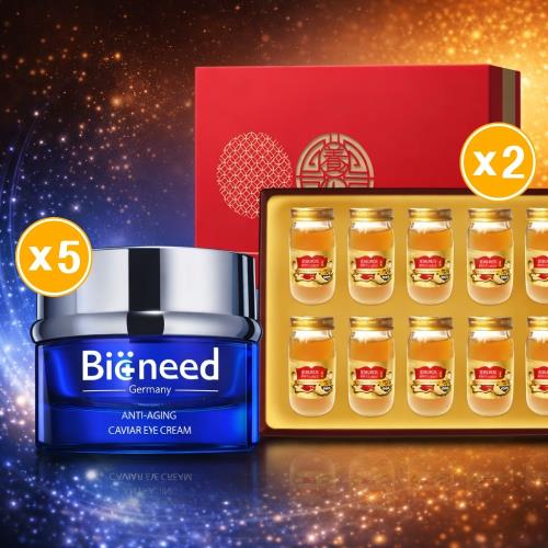 【全效呵護】【德國Bioneed】極致抗皺魚子眼霜30ml 共5入+【華齊堂】 蜂王乳燕窩晶露禮盒x2入組