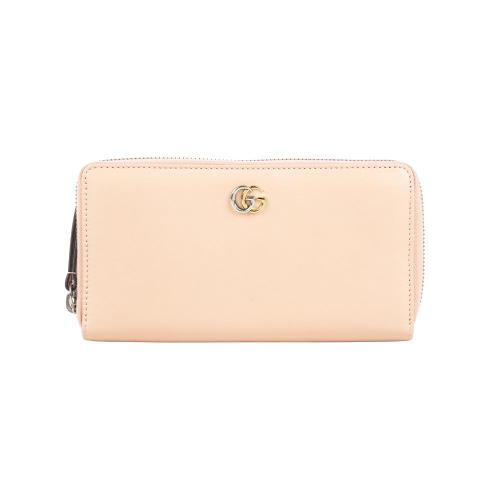 GUCCI 雙色Marmont Logo 平滑皮革ㄇ形拉鍊長夾(米色)