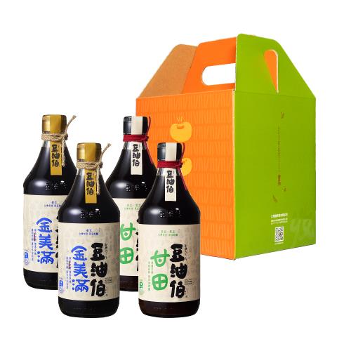 【豆油伯】飲控醬油禮盒_金美滿無添加糖醬油500mlx2瓶、甘田醬油(薄鹽)500mlx2瓶