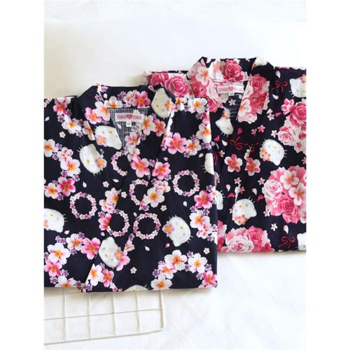 日系卡通貓夏薄女短袖7分褲純棉睡衣汗蒸服和服桑拿家居服