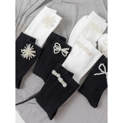 珍珠襪子女春秋純棉中筒襪lolita蝴蝶結可愛日系黑色jk長襪ins潮