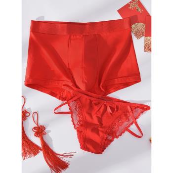 性感蝴蝶結蕾絲綁帶紅色情侶內褲