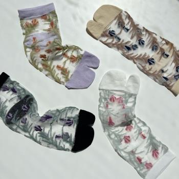 23夏季新品短筒花朵絲襪分趾襪兩二指森系超薄女款甜美襪子