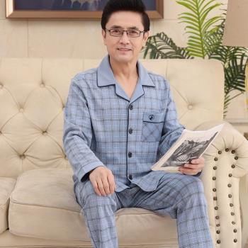 純棉長袖春秋款老人男土父親睡衣