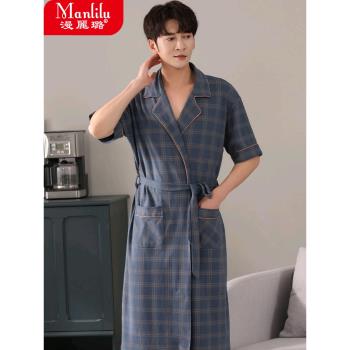 男夏季短袖純棉和服浴衣格子睡袍