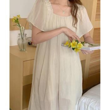 睡裙女夏季短袖中長款韓版簡約法式公主方領全棉睡衣家居服可外穿