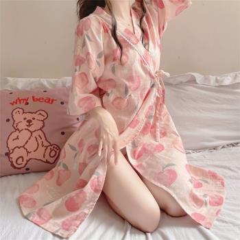 夏新款純棉女日式和服綁帶睡衣
