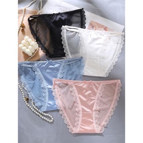 蕾絲細帶款緞面性感內褲女生透氣無痕鏤空舒適抗菌純棉襠低腰褲頭