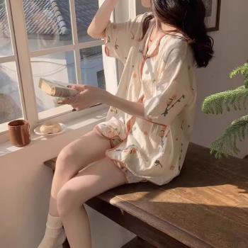 浪莎新款睡衣女夏季薄款純棉短袖甜美韓範女士套裝網紅風春秋款家
