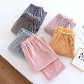 薄款女秋冬季法蘭絨純色甜美睡褲