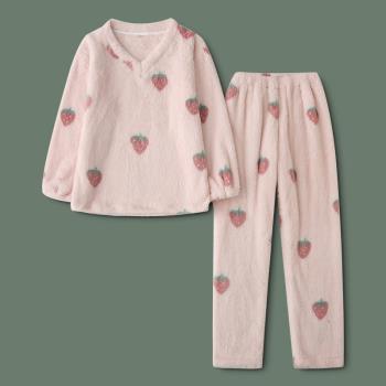 女珊瑚絨草莓V領加厚保暖睡衣