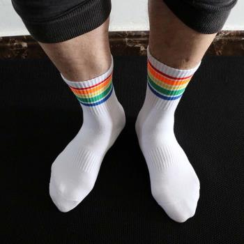 男士同志純棉運動條紋個性彩虹襪