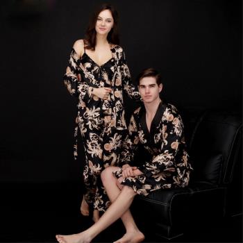 summer couple silk three-piece nightgown set for home wear