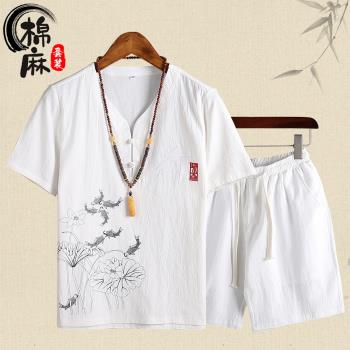 中式中國風棉麻睡衣男夏季短袖薄款休閑可外穿家居服汗蒸亞麻套裝