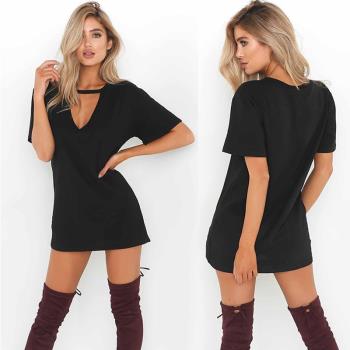 Sexy Deep V Neck Short Sleeve Loose Casual Dress休閑連衣裙