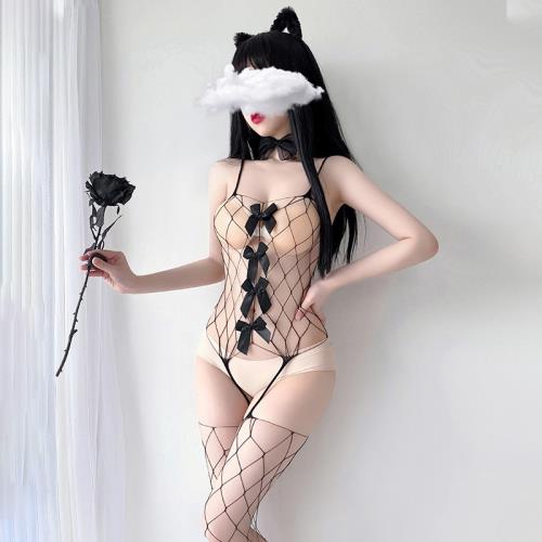 霏慕露臀開襠情趣絲襪連體漁網全身蝴蝶結菱形格網眼吊帶撕扯內衣