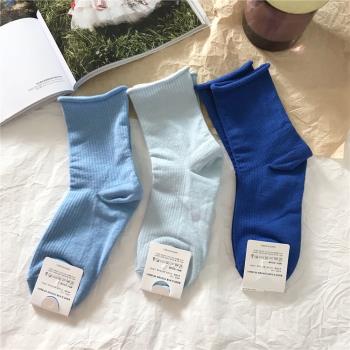 襪子女藍色純棉坑條紋基礎款襪子