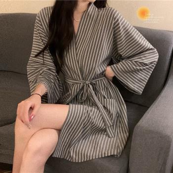 女士性感條紋晨浴衣袍日式和服