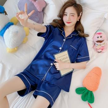 女短袖胖mm模擬絲綢純色韓版睡衣