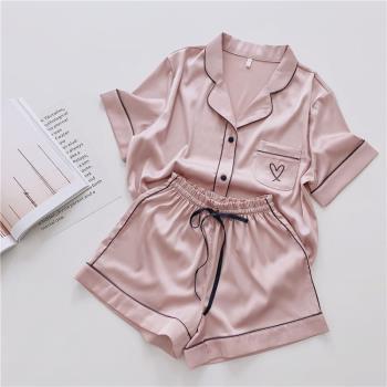 睡衣女夏季冰絲薄款寬松大碼春夏透氣短袖套裝模擬絲家居服兩件套
