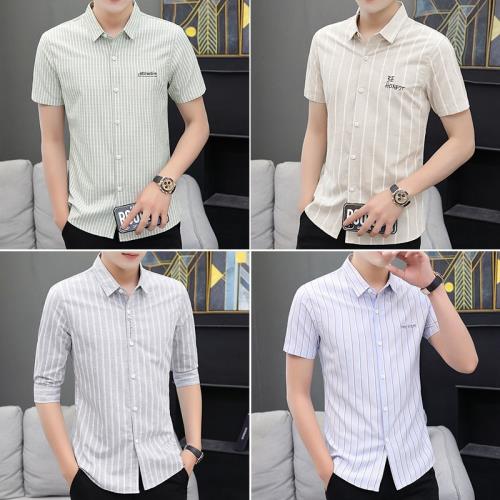 2023新款夏季短袖襯衫休閑韓版修身男士青少年時尚潮流立領棉襯衣